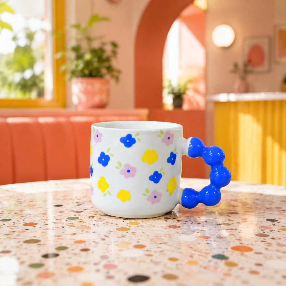 Floral Bubble Handle Ceramic Mug