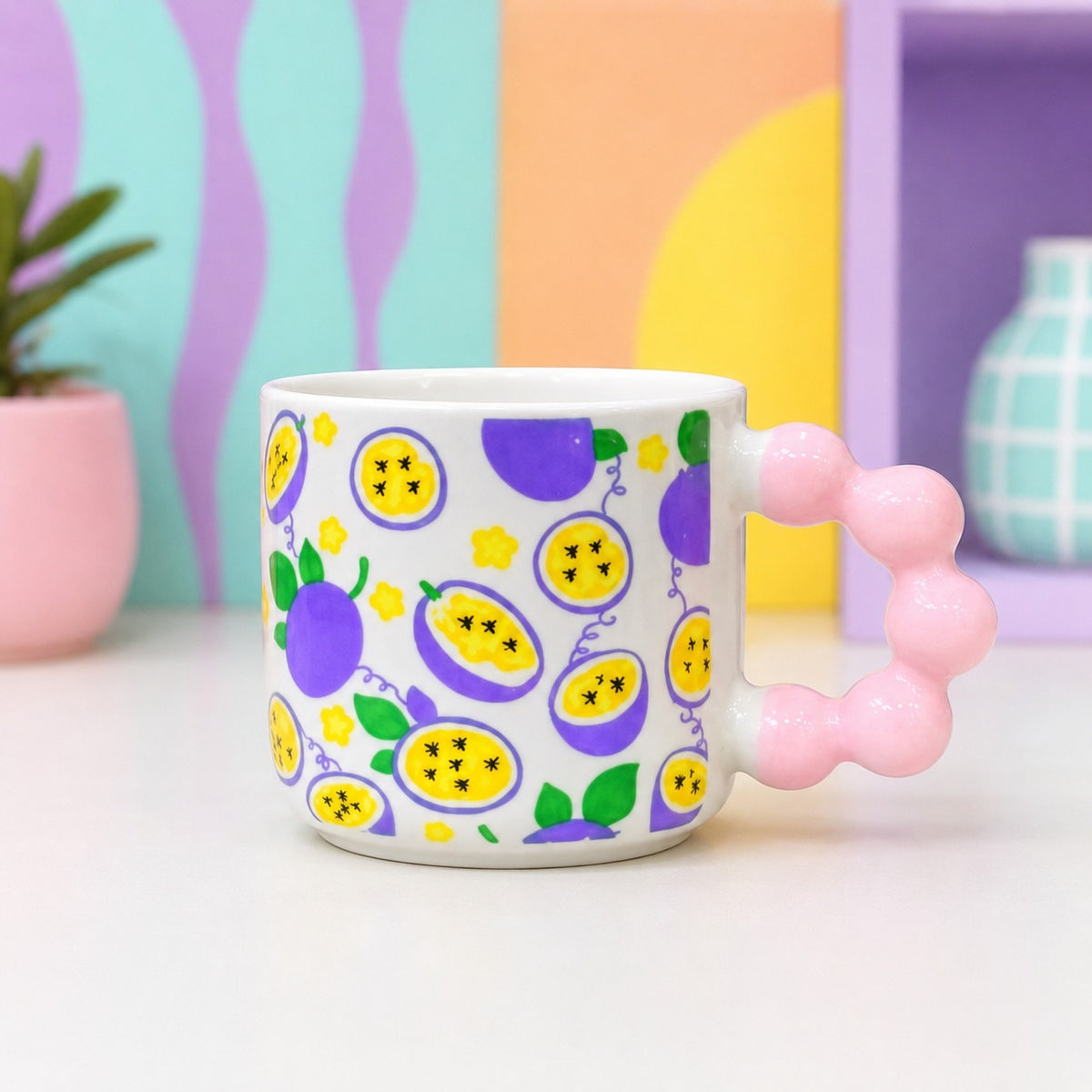 Cute Fruit Print Ceramic Coffee Mug with Beaded Handle – Colourful Tea & Coffee Cup