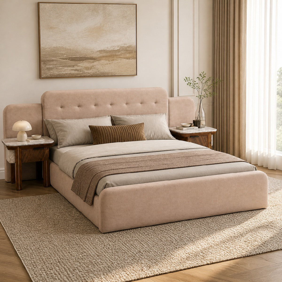 Clara King Size Bed | Luxury Upholstered Bed with Marble Accent Side Tables