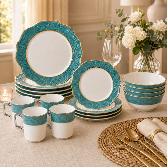 Premium Porcelain Dinner Set – Elegant Embossed Design with Gold Rim