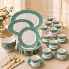 Premium Porcelain Dinner Set – Elegant Embossed Design with Gold Rim
