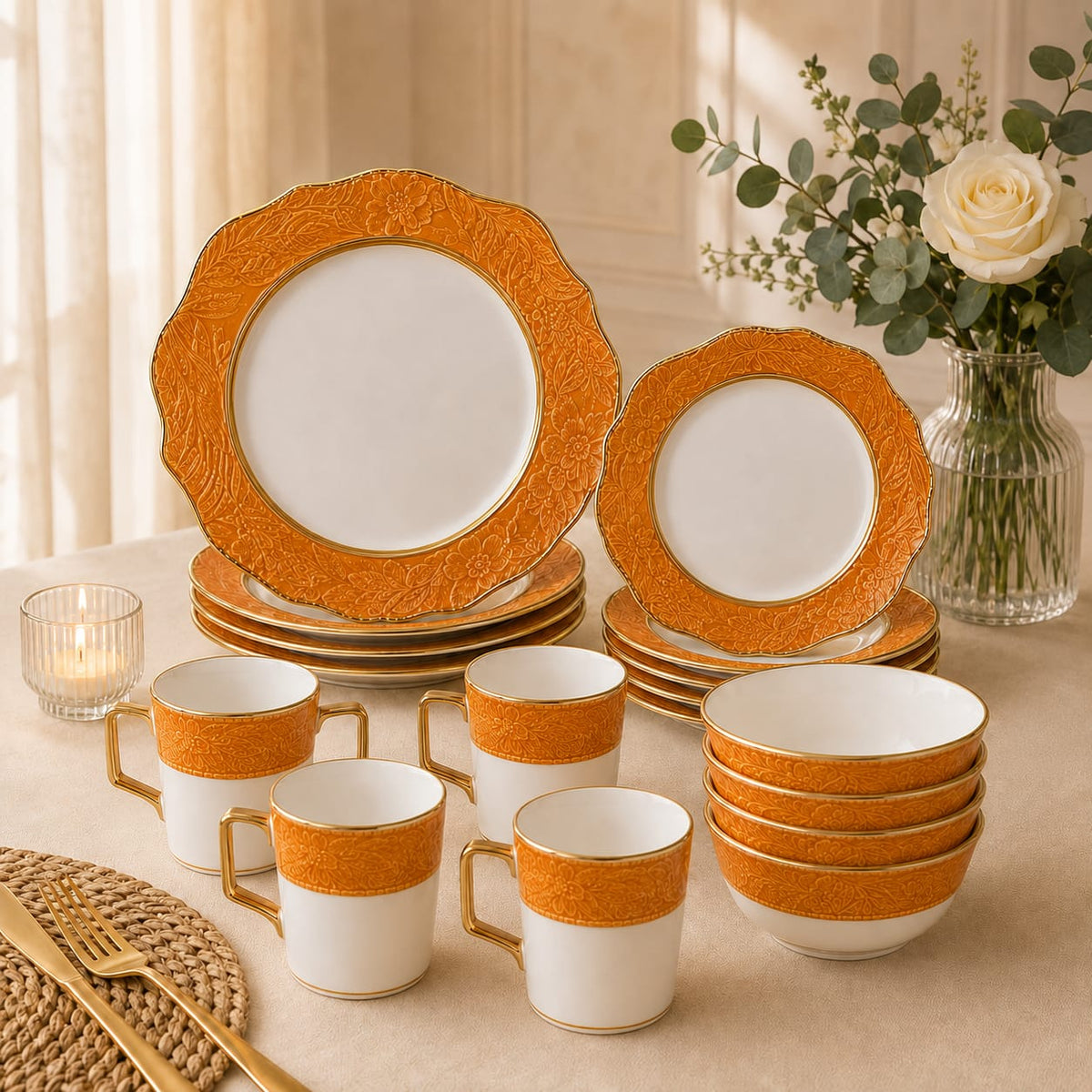 Premium Porcelain Dinner Set – Elegant Embossed Design with Gold Rim