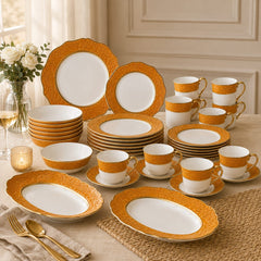 Premium Porcelain Dinner Set – Elegant Embossed Design with Gold Rim