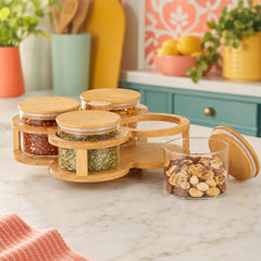 5 Piece Revolving Transparent Jar Set with Wooden Lids | Kitchen Storage Organizer