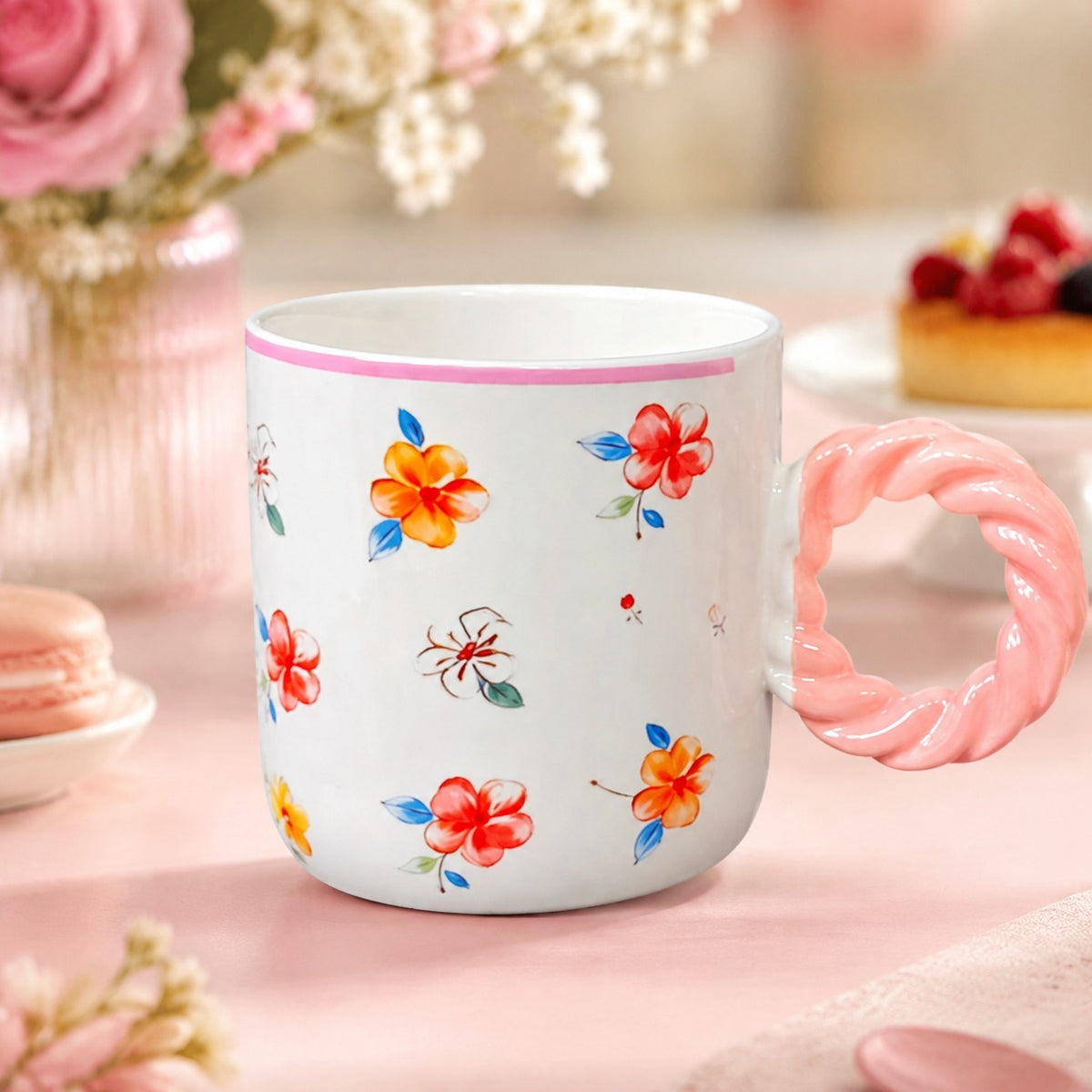 Floral Ceramic Coffee Mug with Twisted Handle – Colourful Tea & Coffee Cup