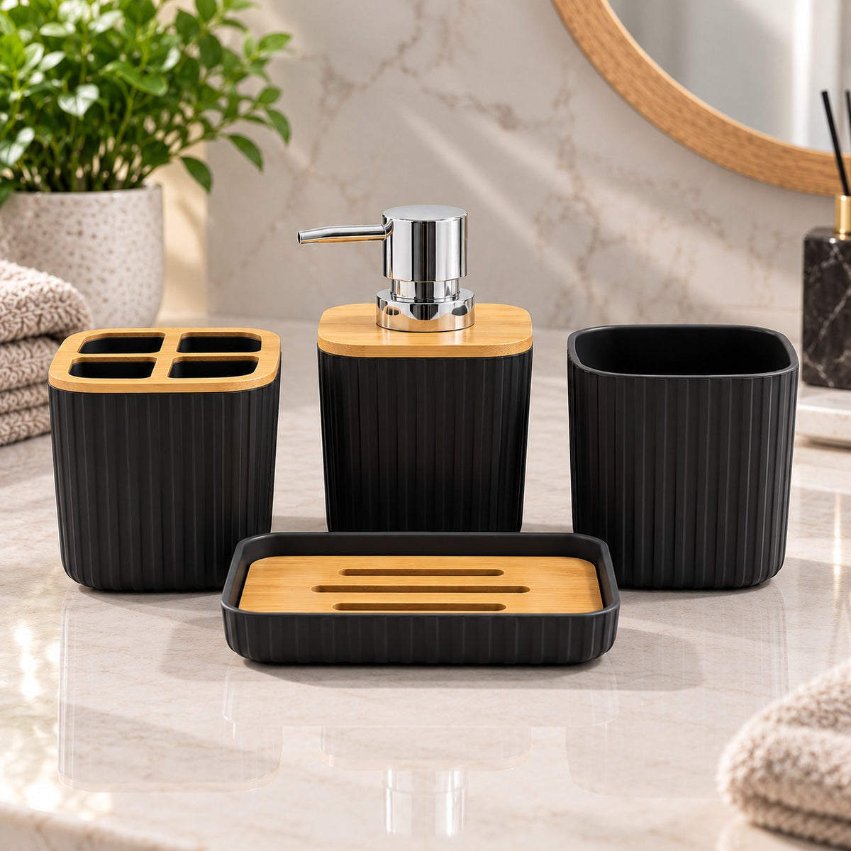 3 PCS BATHROOM SET WITH BAMBOO TRAY