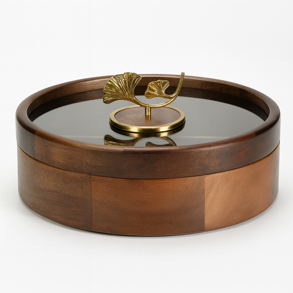 Round Wooden Dry Fruit Box – Glass Lid with Golden Leaf Handle