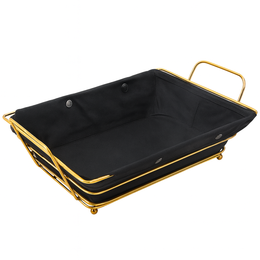 Rectangular Bread & Storage Basket – Black Fabric with Golden Frame