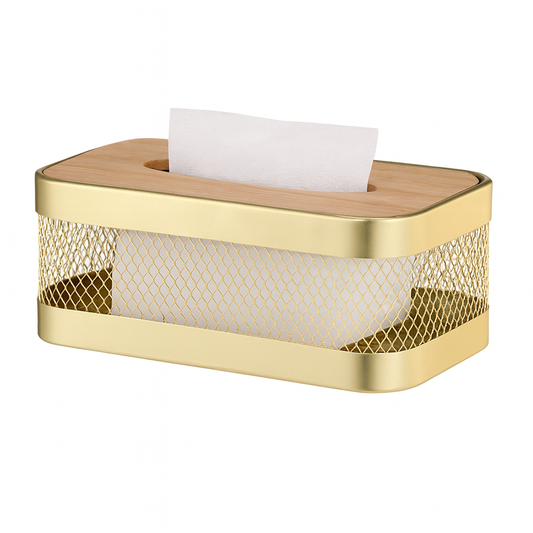 Tissue Box Holder – Golden with Wooden Lid