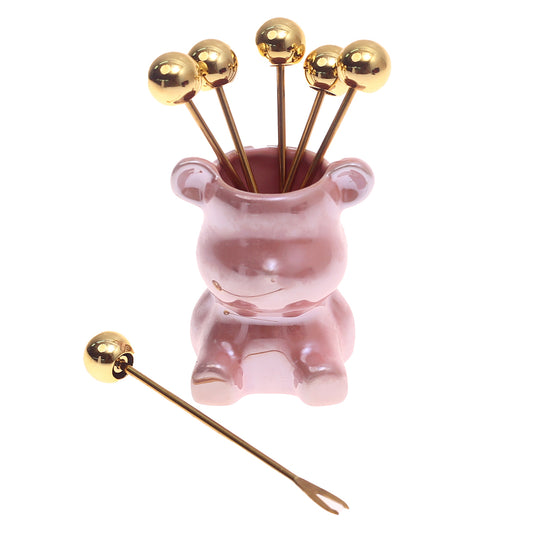 Shine Bear Fruit Pick Set – 7 Pcs Decorative Cocktail Forks with Holder