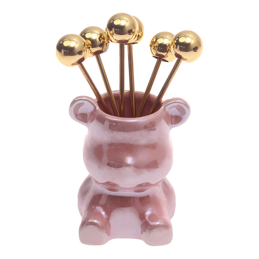 Shine Bear Fruit Pick Set – 7 Pcs Decorative Cocktail Forks with Holder