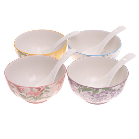 Floral Ceramic Bowl & Spoon Set – 4 Pcs Multicolor