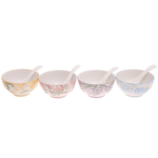 Floral Ceramic Bowl & Spoon Set – 4 Pcs Multicolor