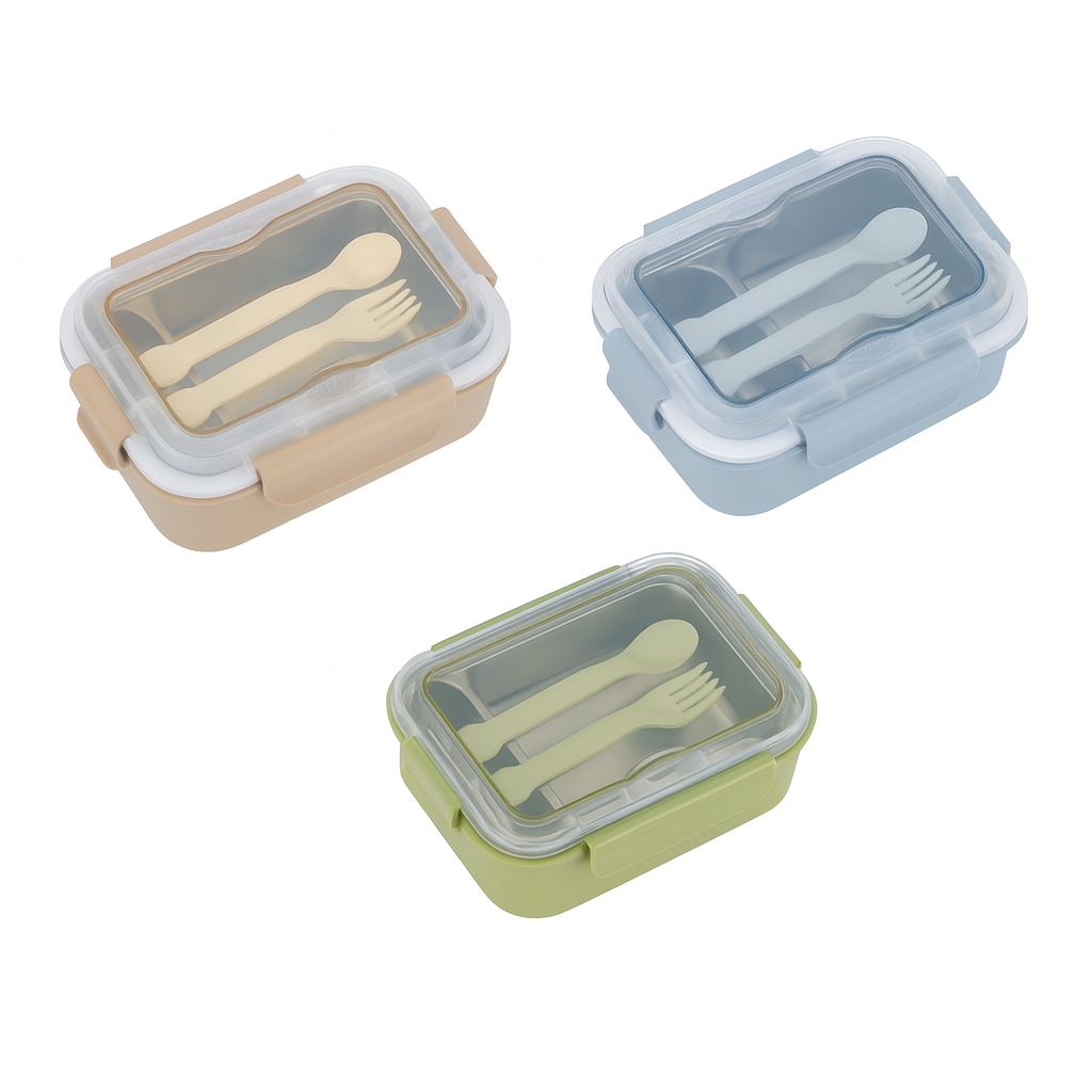 SS Lunch Box with Fork & Spoon – Dual Section Food Container (Brown, Blue, Green)