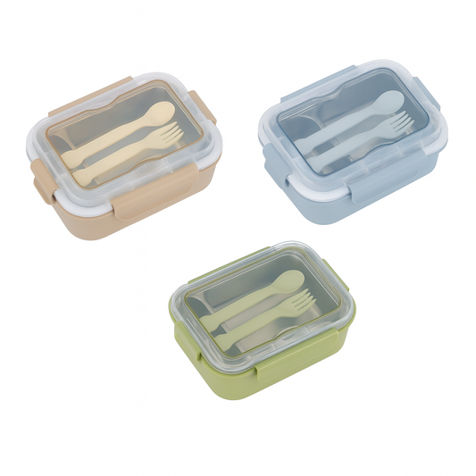 SS Lunch Box with Fork & Spoon – Dual Section Food Container (Brown, Blue, Green)