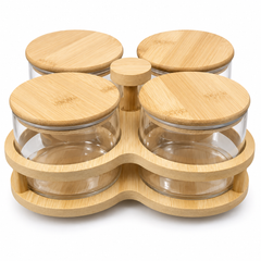 5 Piece Revolving Transparent Jar Set with Wooden Lids | Kitchen Storage Organizer