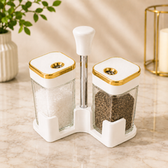 Premium 2PCS White Glass Spice Bottle Set with Stand & Gold Lid Accent - Habitt