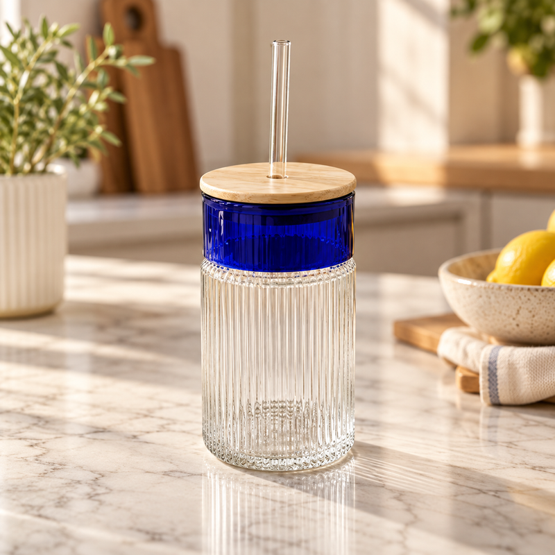 Ribbed Glass Sipper with Bamboo Lid & Straw