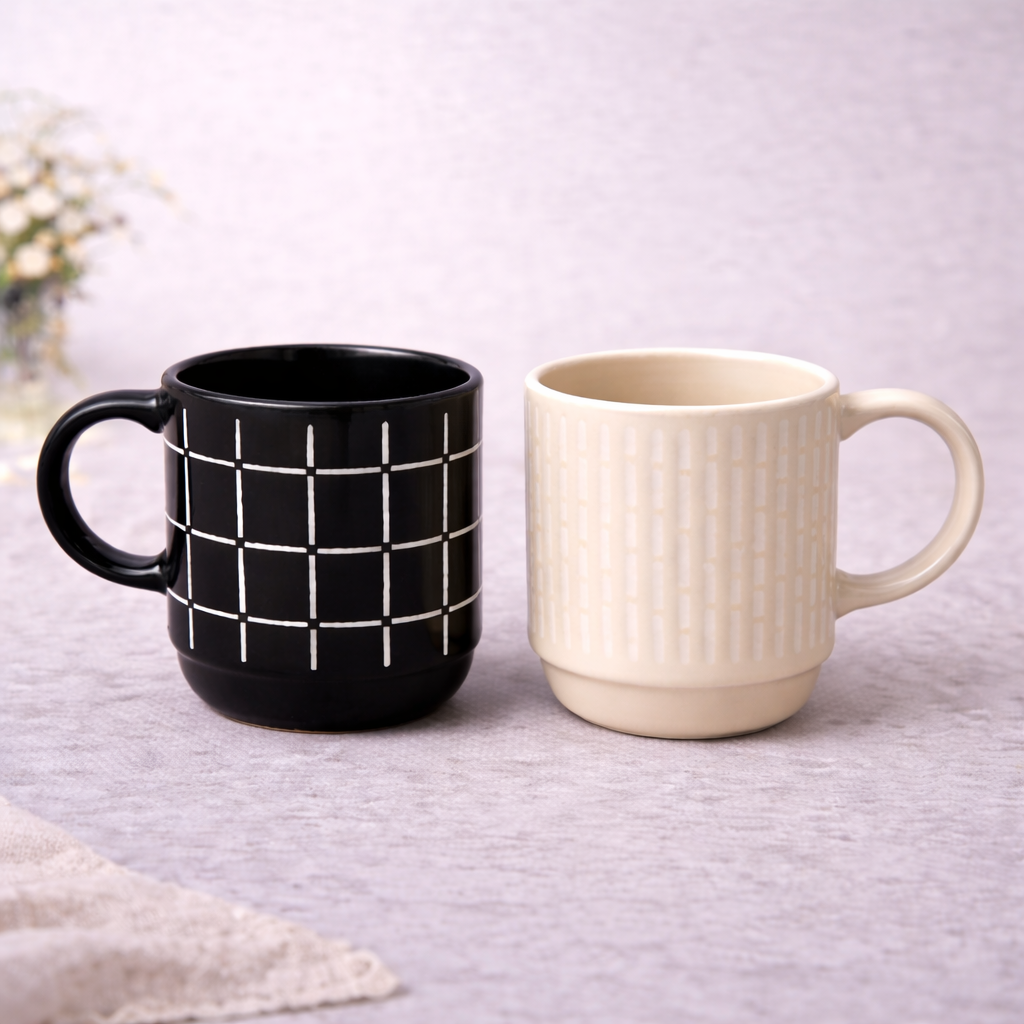 Pack of 2 Ceramic Grid & Ribbed Mug Set – Black & Beige Tea and Coffee Cups