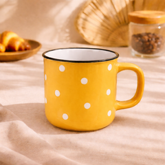 Yellow Polka Dot Ceramic Coffee Mug | Bright Glossy Tea Cup with White Dots Design - Habitt