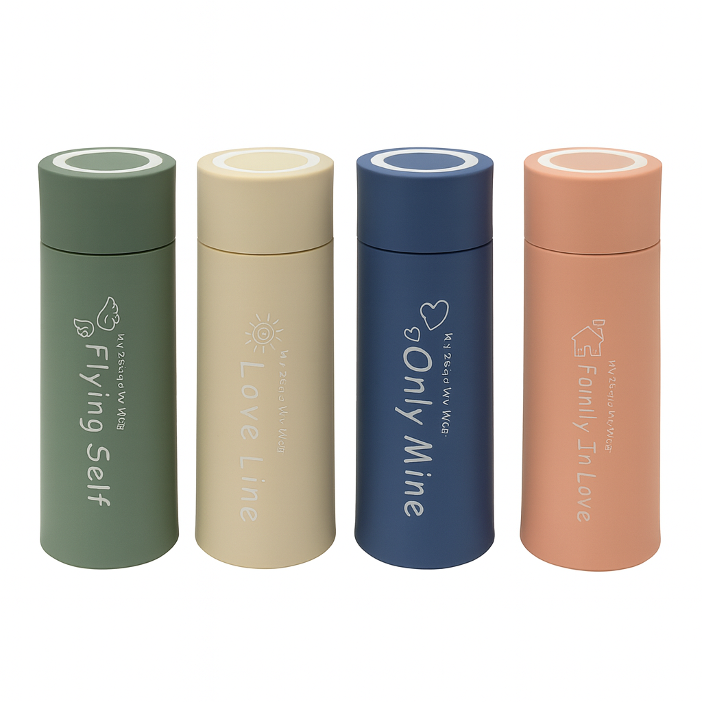 Glass Bottle with Printed Text – Slim Travel Bottle (Peach, Blue, Beige, Green)