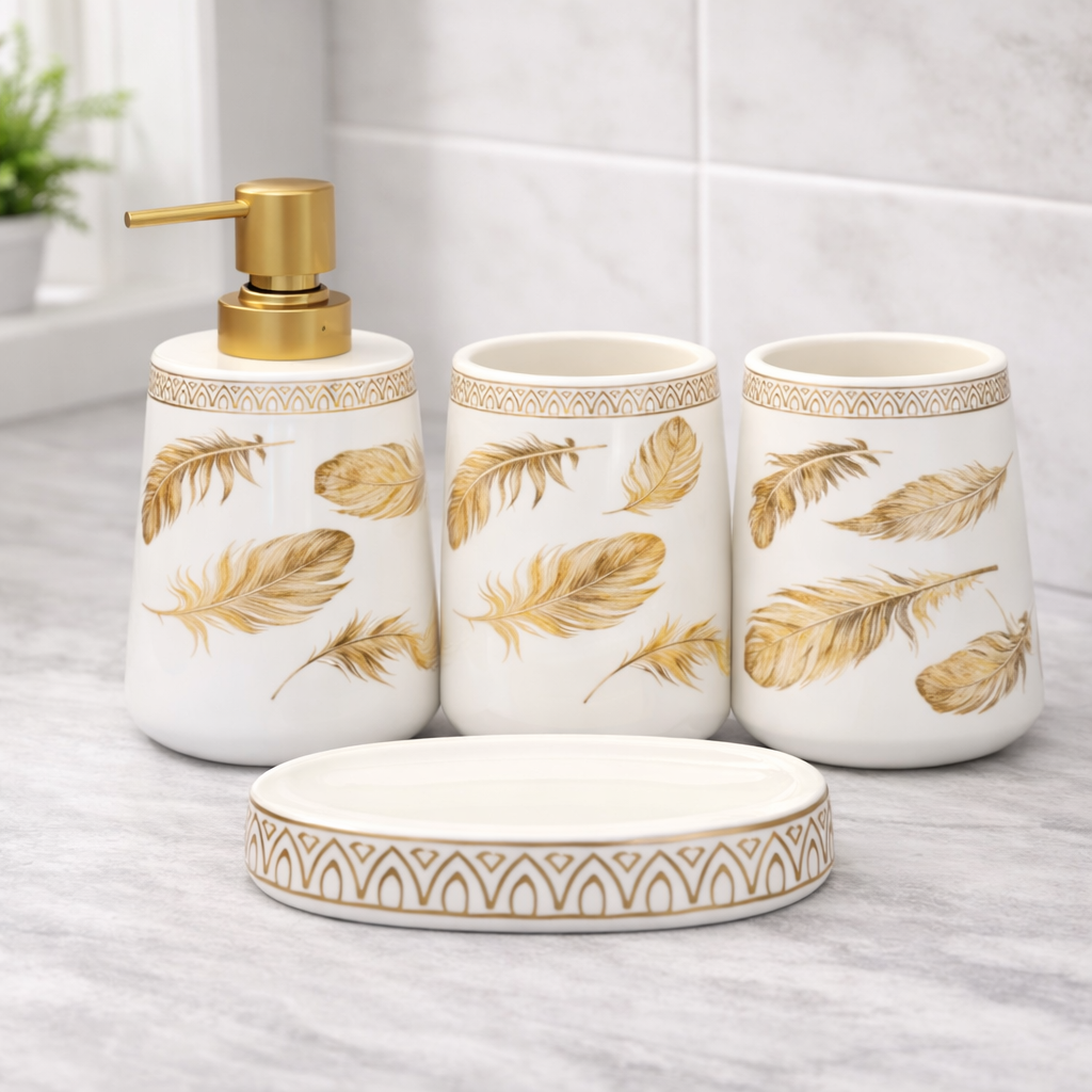 4-Piece Bathroom Accessories Set – White & Black with Gold Leaf Design Soap Dispenser, Toothbrush Holder & Soap Dish - Habitt