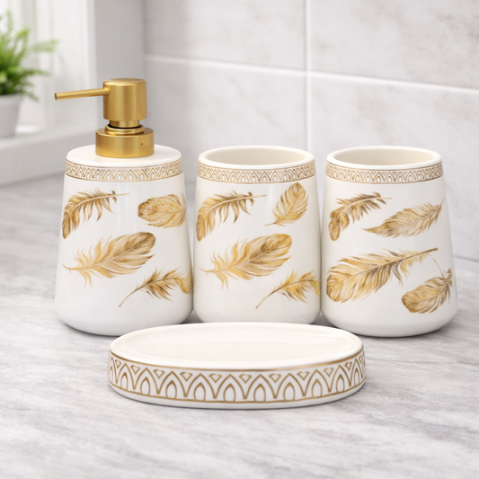 4-Piece Bathroom Accessories Set – White & Black with Gold Leaf Design Soap Dispenser, Toothbrush Holder & Soap Dish - Habitt