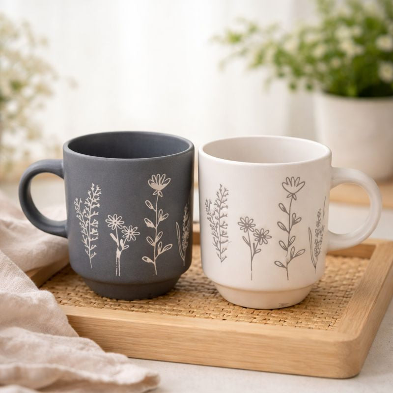 Pack Of 2 Mini Ceramic Coffee Mug Set – Floral Line Art Design | Minimalist Tea & Espresso Cups