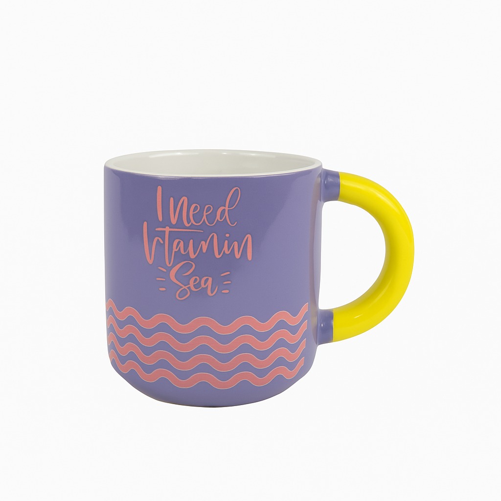 “I Need Vitamin Sea” Ceramic Mug –& Beach-Themed Coffee Cup | Purple & Yellow