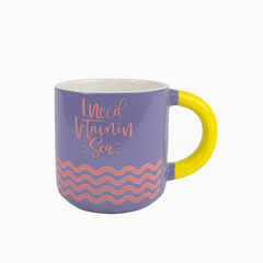 “I Need Vitamin Sea” Ceramic Mug –& Beach-Themed Coffee Cup | Purple & Yellow
