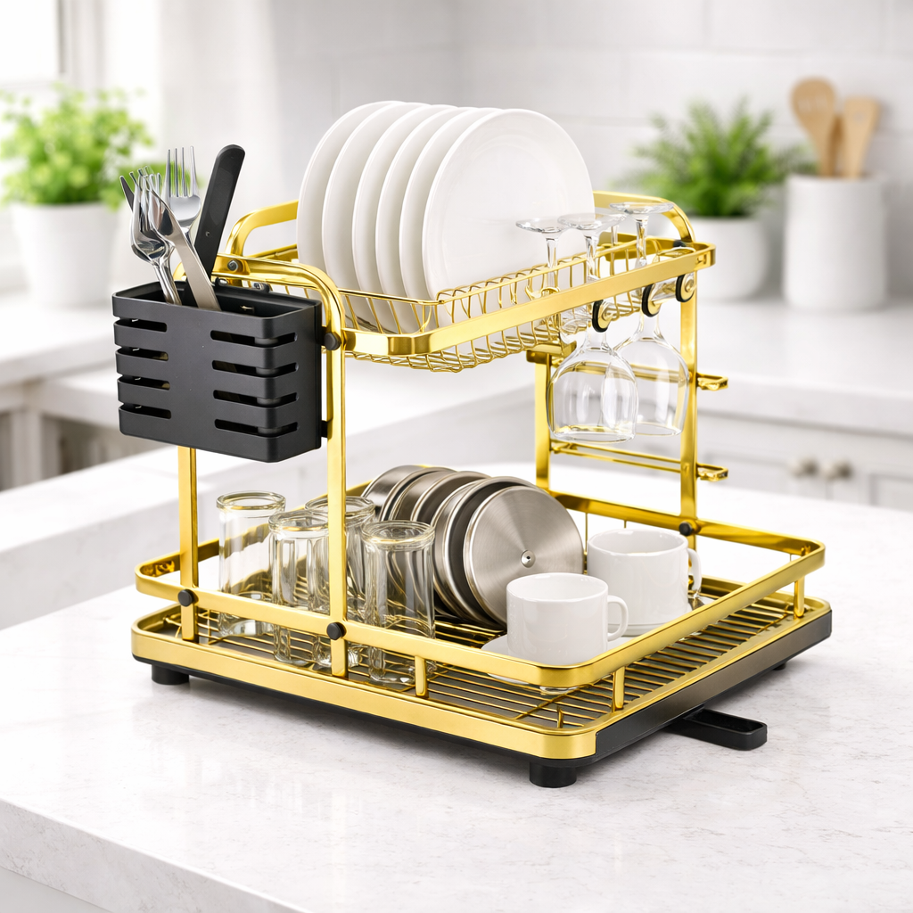 Gold Dish Rack – Multi-Functional Kitchen Drying Rack with Drain Tray - Habitt