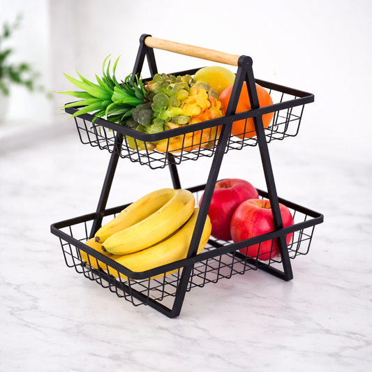 Fruit Basket – Modern Countertop Storage Rack with Wooden Handle (Black & Gold Options) - Habitt