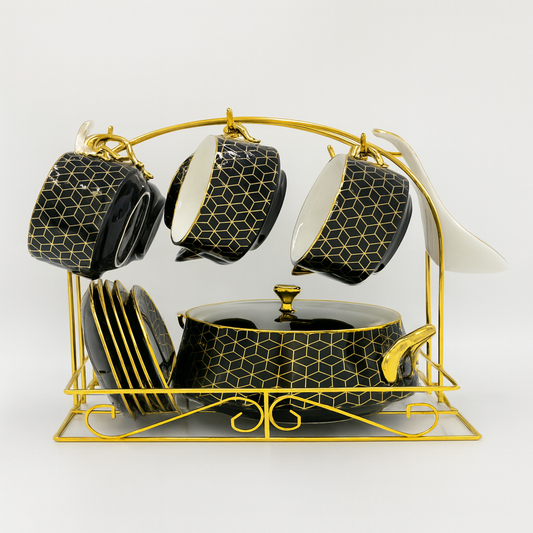 Luxury Soup Set with Stand – 22 Pieces | Black & Gold