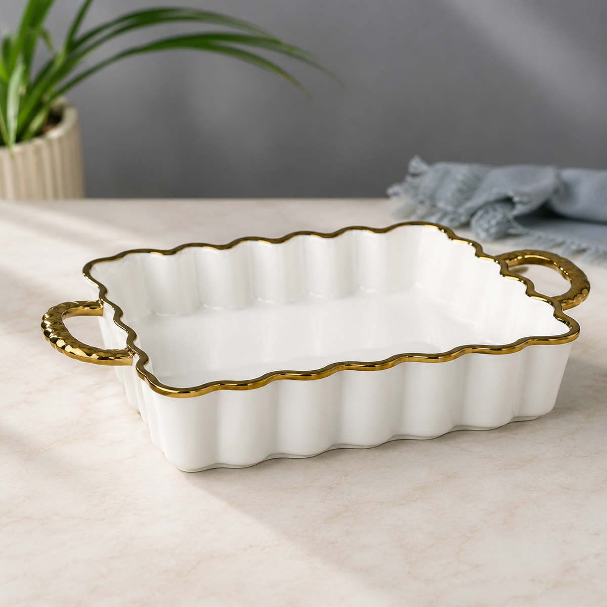 Elegant Scalloped Serving Dish with Gold Handles | Premium Ceramic Bake & Serve Dish