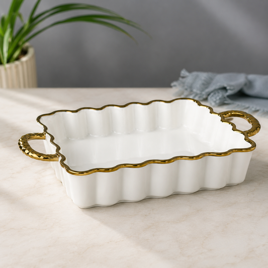 Elegant Scalloped Serving Dish with Gold Handles | Premium Ceramic Bake & Serve Dish