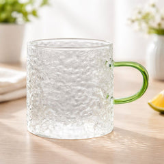 Pack of 6 Textured Glass Mug with Green Handle – Elegant Tea & Coffee Cup