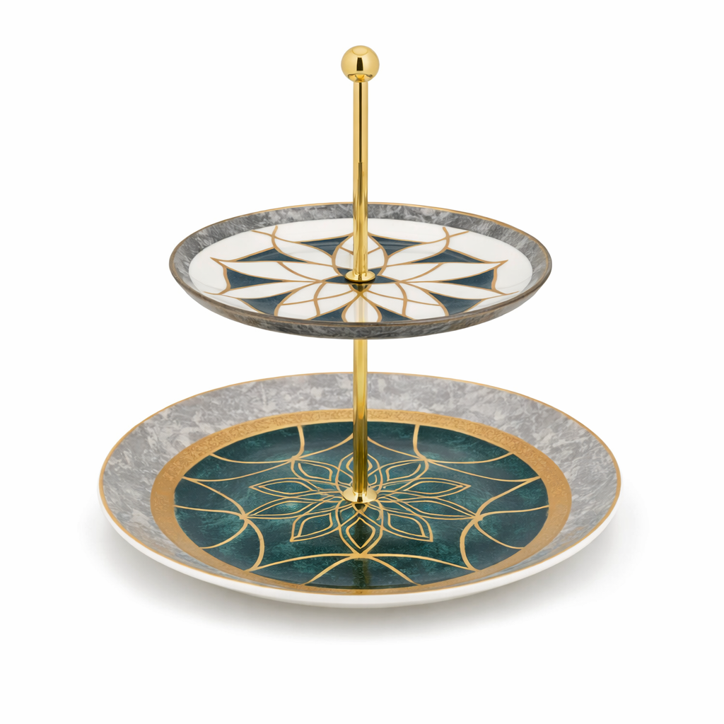 Elegant 2-Tier Green & Gold Serving Stand – Decorative Dessert and Snack Display