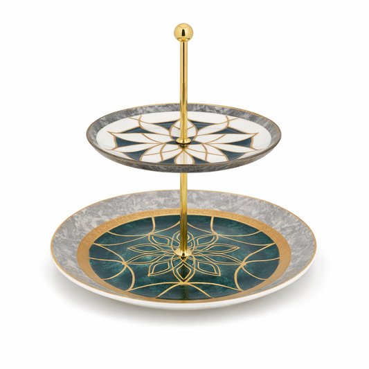 Elegant 2-Tier Green & Gold Serving Stand – Decorative Dessert and Snack Display