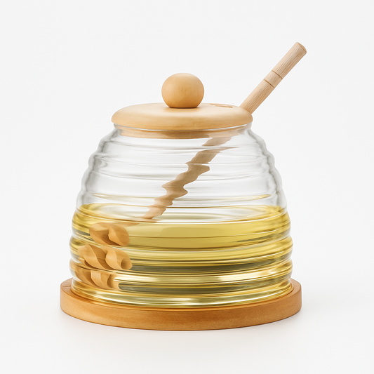 Premium Glass Honey Jar with Wooden Lid & Dipper for Easy, Drip-Free Serving