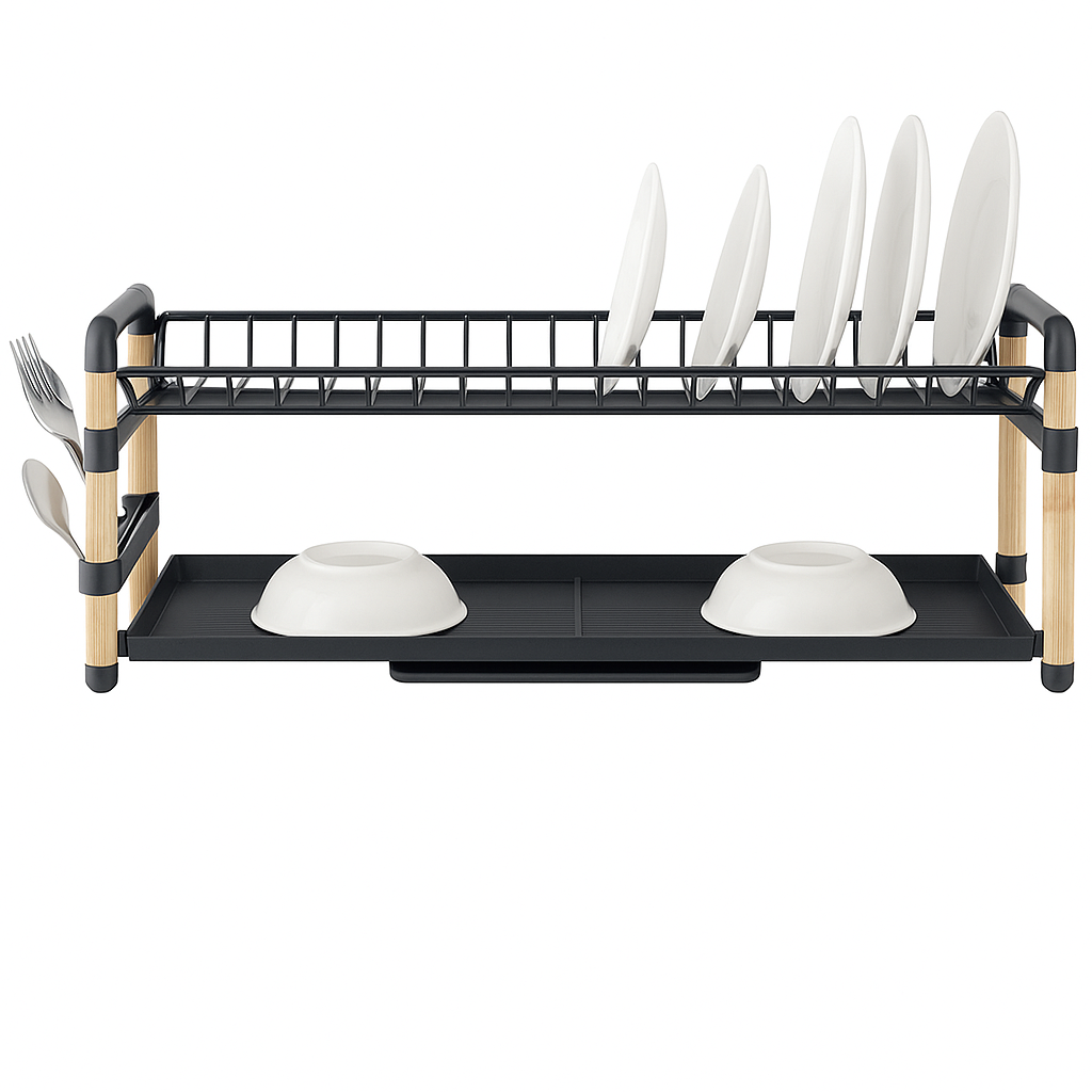 2-Tier Dish Drying Rack – Black & Wood Finish | Modern Kitchen Plate & Bowl Organizer