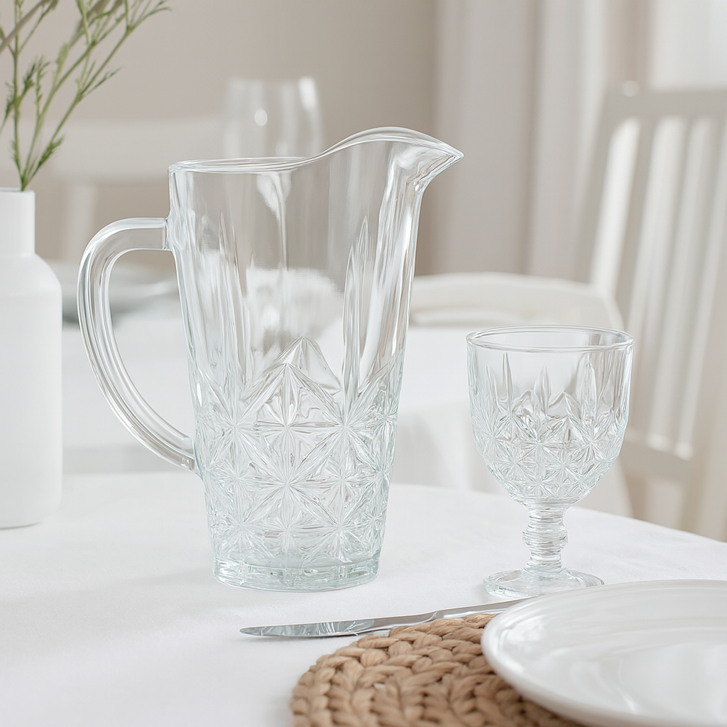Elegant Cut-Glass Water Set – 7-Piece Set (1.2 L Jug + 340 mL Stemmed Glasses)