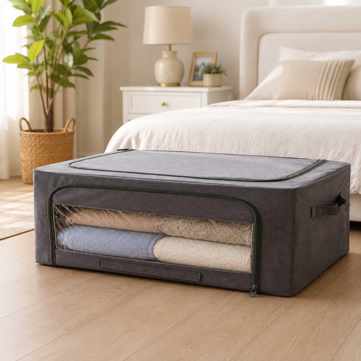 Foldable Storage Box with Zipper – Large Clothes, Bedding & Blanket Organizer with Clear Window and Handles