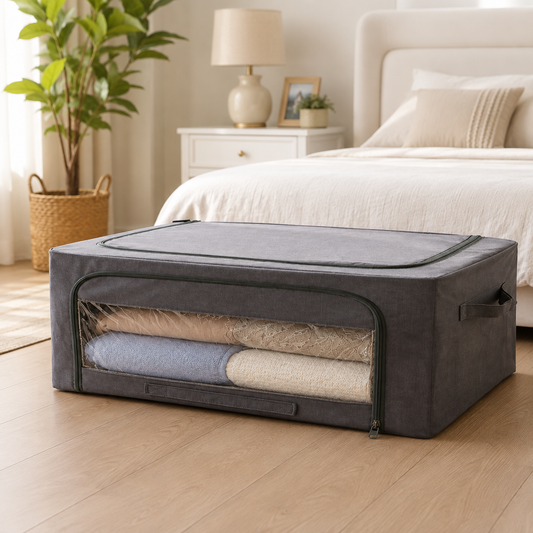 Foldable Storage Box with Zipper – Large Clothes, Bedding & Blanket Organizer with Clear Window and Handles