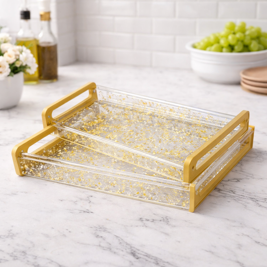 2-Piece Luxury Acrylic Serving Tray Set with Gold Handles – Clear Decorative Organizer Trays - Habitt