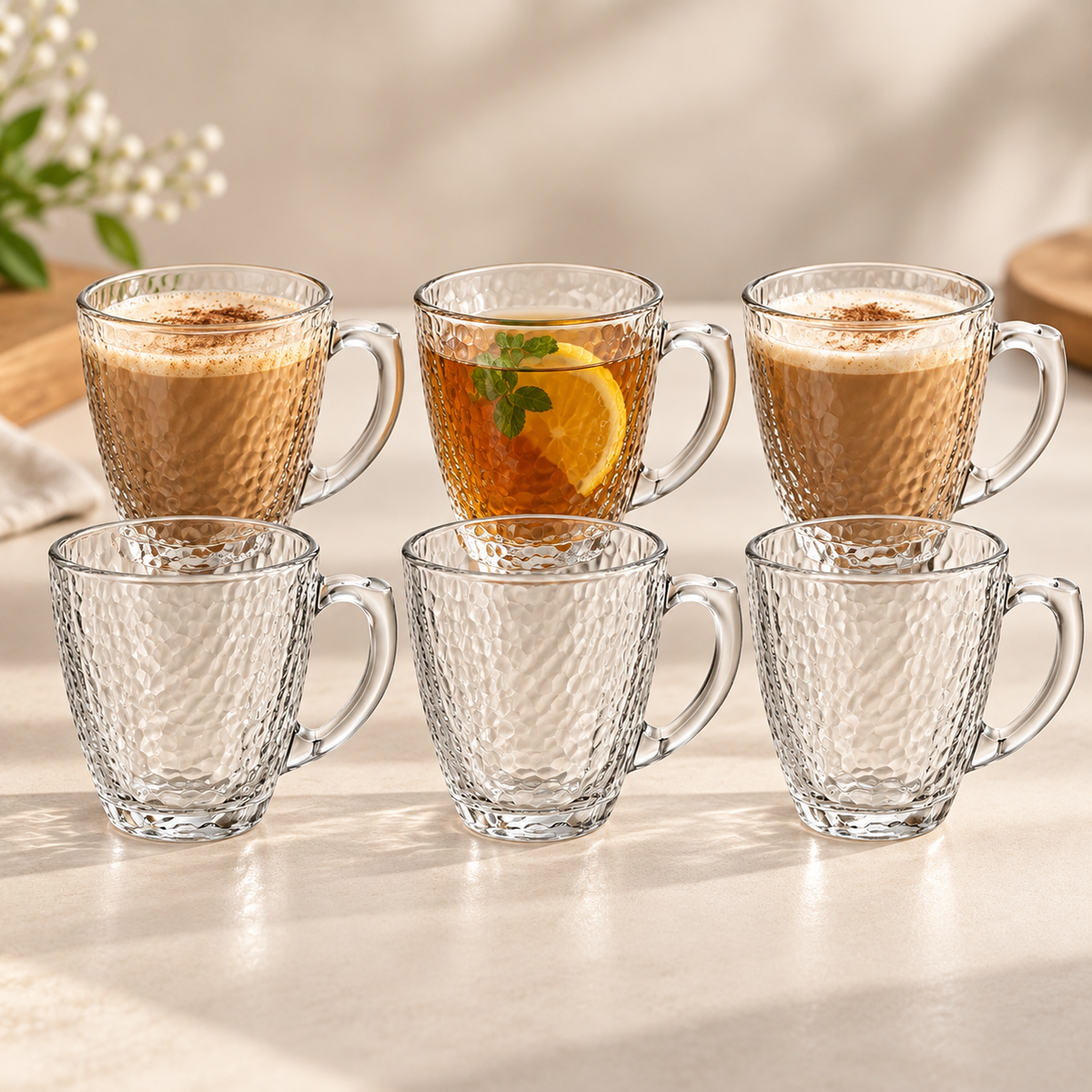 6Pcs Textured Glass Cup Set 230ml | Clear Tea & Coffee Cups