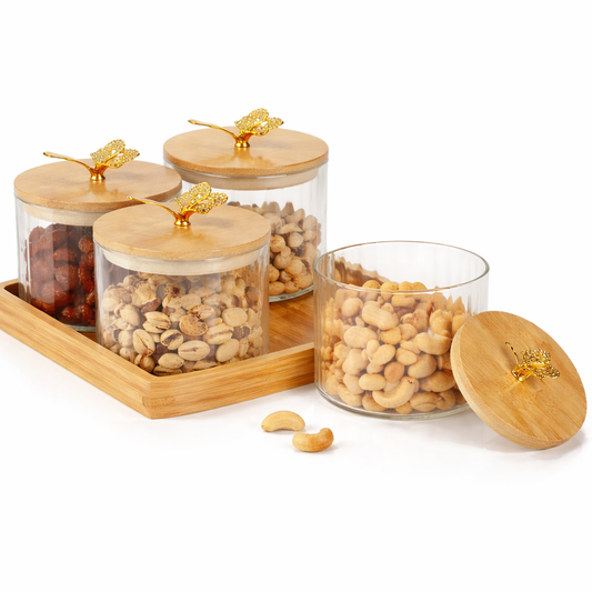 5Pcs Jar Set – Glass Storage Jars with Decorative Bamboo Lids & Tray
