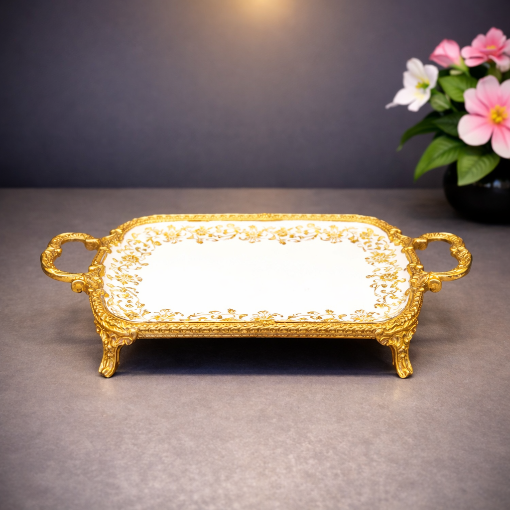 Flat Tray – Elegant Gold Ornate Decorative Serving Tray with Handles ( 41x21x6cm) - Habitt