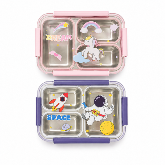 Assorted  design 3-Compartment Stainless Steel Lunch Box with Spoon | Leakproof Kids Bento Lunch Box for School, Office & Travel | Reusable Food Storage Container