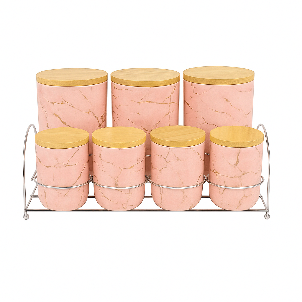 7 Pcs Canister Set with Wooden Lid 2673-P – Pink Marble Kitchen Storage Jars