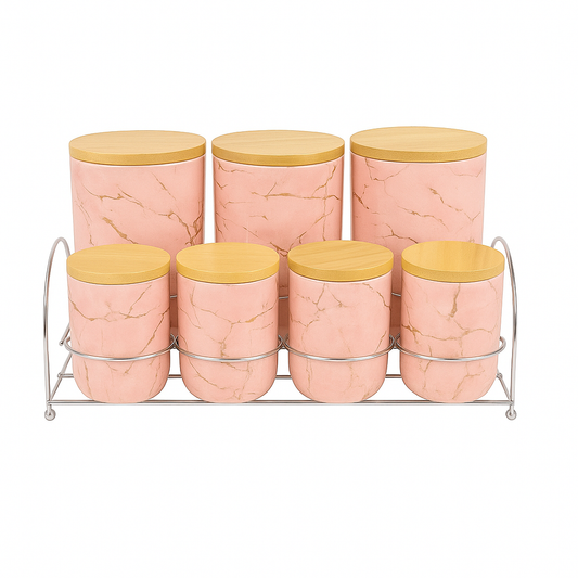 7 Pcs Canister Set with Wooden Lid 2673-P – Pink Marble Kitchen Storage Jars